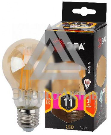 Лампа светодиодная филаментная F-LED A60-11W-827-E27 gold (филамент, груша золот., 11Вт, тепл, Е27) ЭРА (10/100/1200) ЭРА купить по оптовой цене с доставкой